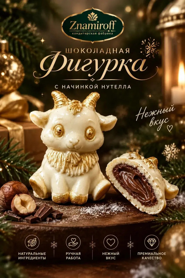 №1 Шоколад фигурный "Мультяшный козлик" белый шоколад с начинкой нутелла(блок 5шт по 70г) в Уфе