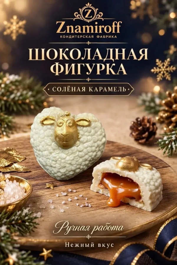№1 Шоколад фигурный "Овечка-сердечко" белый шоколад с начинкой солёная карамель(блок 5шт по 70г) в Уфе